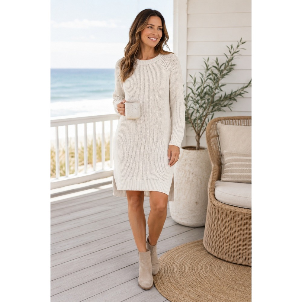 Tommy Bahama Ivory Sweater‎ Dress Womens M Coastal Quiet Luxury Resort Chic Knit